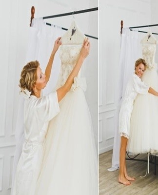 Les robes de mariée dans l'atelier sont cuites à la vapeur à l'aide de fers à repasser lourds avec des brosses spéciales.