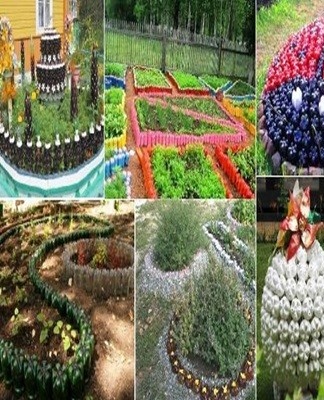 Un jardin de fleurs en plastique est construit à partir de bouteilles sans col.