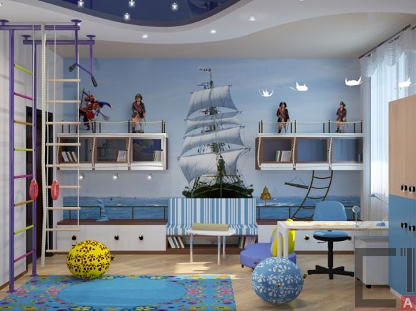 zonage d'une chambre d'enfant pour les enfants de sexe différent style style nautique