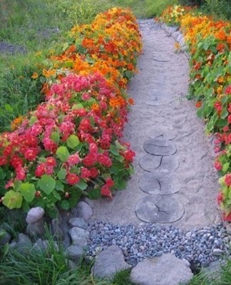 Om de randen van de gangpaden te versieren, is het aan te raden om ondermaatse bloemen te gebruiken.