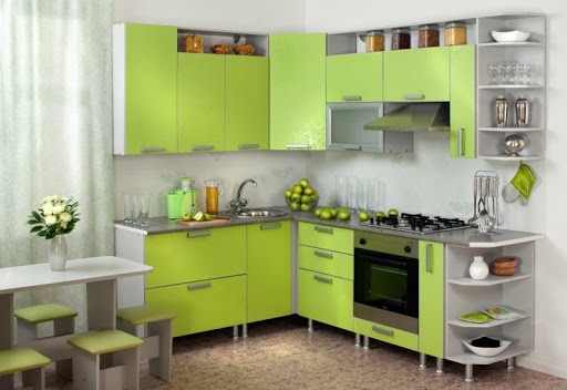 cuisine couleur citron vert avec du gris